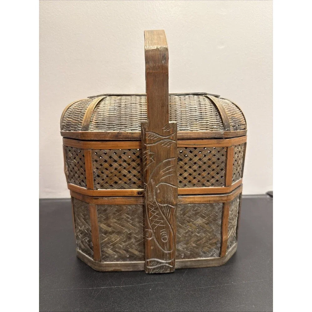 Antique Or Vintage Woven Bamboo Laquer 3-Tier Chinese Wedding Basket Fish Carved